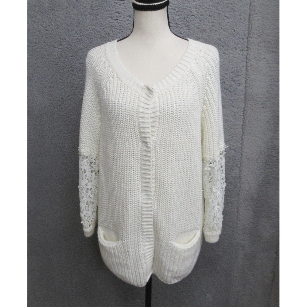 Lace Sleeve Cardigan Sweater Women Large White Chunky Knit Romantic Coquette LC